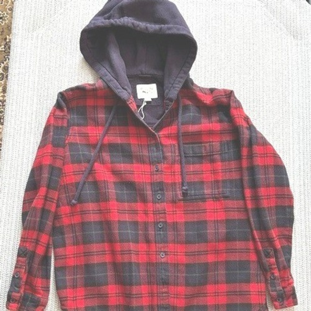 AE American Eagle Women's Medium Plaid Flannel Hoodie Red Black Buffalo Check‎